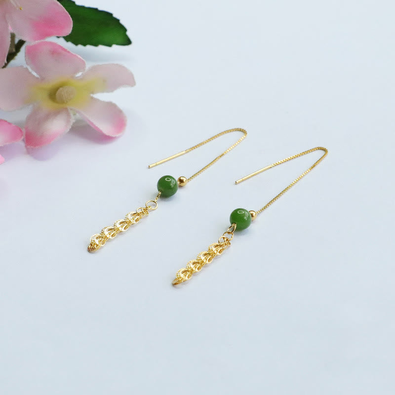 Buddha Stones 925 Sterling Silver Natural Hetian Cyan Jade Bead Luck Phoenix Tail Drop Earrings - image 4