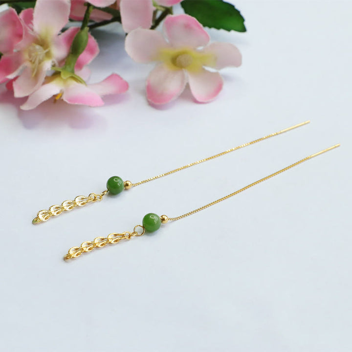 Buddha Stones 925 Sterling Silver Natural Hetian Cyan Jade Bead Luck Phoenix Tail Drop Earrings - image 7