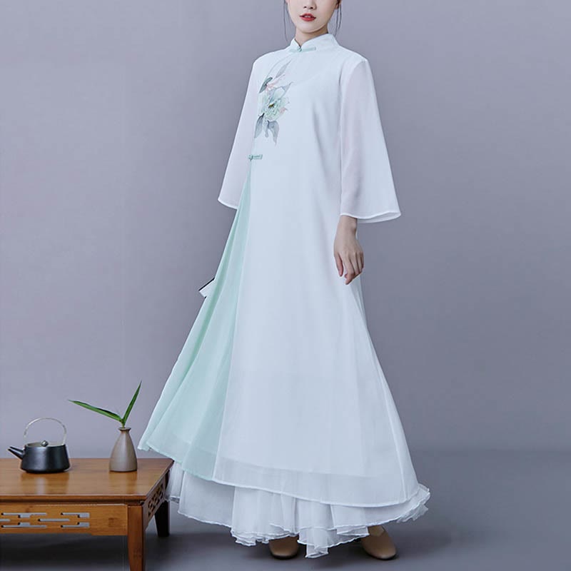 Buddha Stones 2Pcs Flower Three Quarter Sleeve Midi Dress Skirt Chiffon Zen Clothing Women's Set - image 2