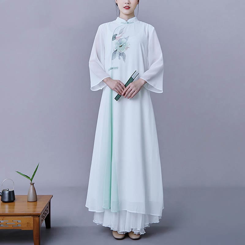 Buddha Stones 2Pcs Flower Three Quarter Sleeve Midi Dress Skirt Chiffon Zen Clothing Women's Set - image 3