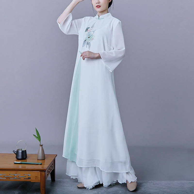 Buddha Stones 2Pcs Flower Three Quarter Sleeve Midi Dress Skirt Chiffon Zen Clothing Women's Set - image 1