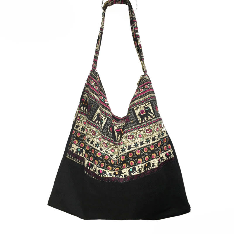 Buddha Stones Cotton Crossbody Bag Shoulder Bag - Black Beige 43*12*43cm - image 8