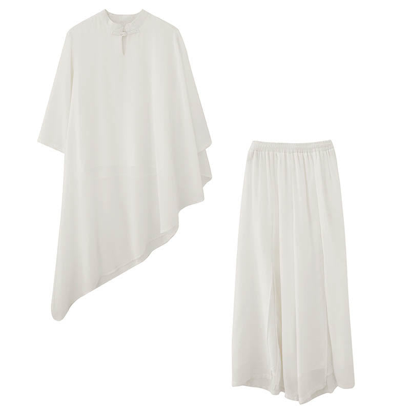 Buddha Stones 2Pcs Three Quarter Sleeve Irregular Design Shirt Wide Leg Pants Meditation Chiffon Women's Set - image 6