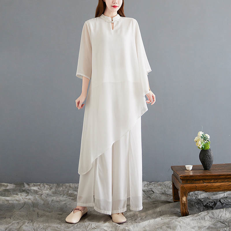 Buddha Stones 2Pcs Three Quarter Sleeve Irregular Design Shirt Wide Leg Pants Meditation Chiffon Women's Set - image 1