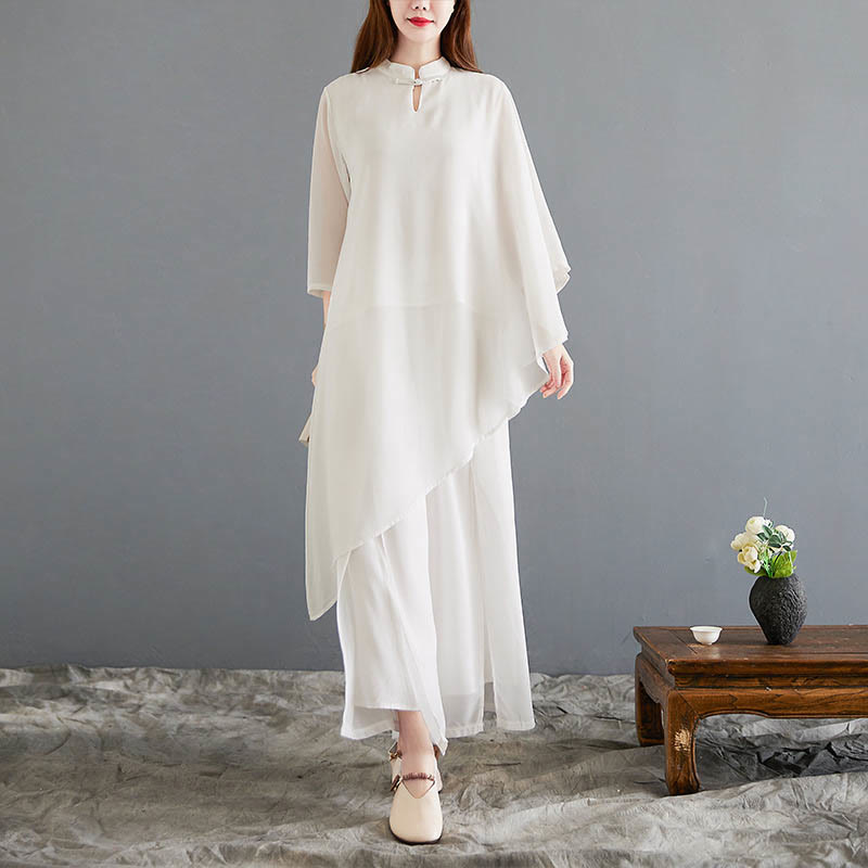 Buddha Stones 2Pcs Three Quarter Sleeve Irregular Design Shirt Wide Leg Pants Meditation Chiffon Women's Set - image 2