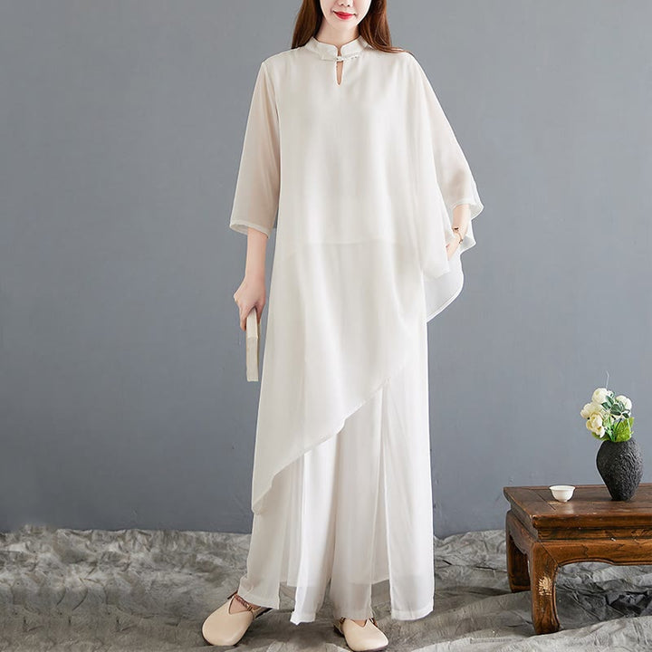 Buddha Stones 2Pcs Three Quarter Sleeve Irregular Design Shirt Wide Leg Pants Meditation Chiffon Women's Set - image 3