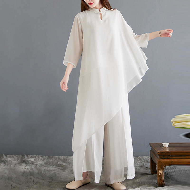 Buddha Stones 2Pcs Three Quarter Sleeve Irregular Design Shirt Wide Leg Pants Meditation Chiffon Women's Set - US12，UK/AU16，EU44 (2XL) - image 0