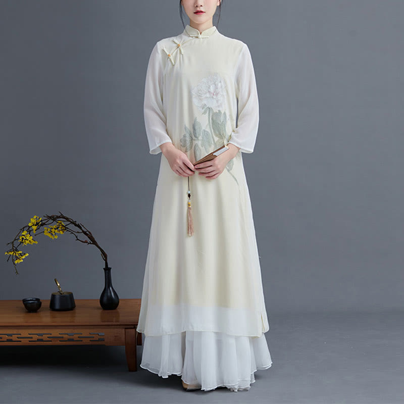 Buddha Stones 2Pcs Peony Flower Cheongsam Midi Dress Skirt Chiffon Zen Clothing Women's Set - image 1