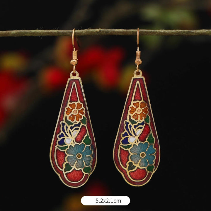 Buddha Stones Lotus Butterfly Flower Alloy Copper Enlightenment Drop Earrings - Red Flower 5.2*2.1cm - image 8