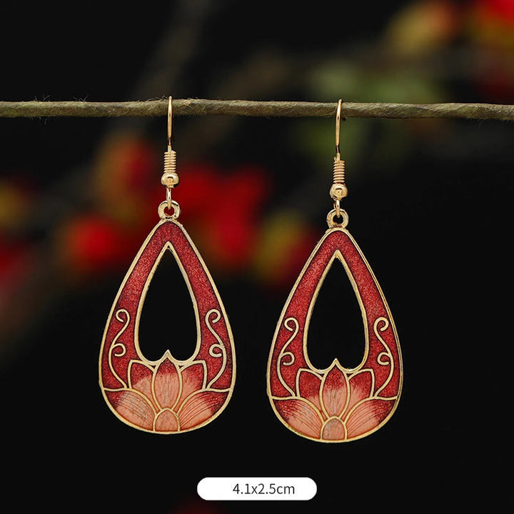 Buddha Stones Lotus Butterfly Flower Alloy Copper Enlightenment Drop Earrings - Red Lotus 4.1*2.5cm - image 4