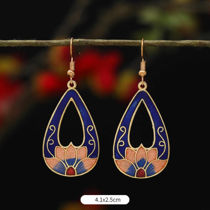 Buddha Stones Lotus Butterfly Flower Alloy Copper Enlightenment Drop Earrings - Blue Lotus 4.1*2.5cm - image 5