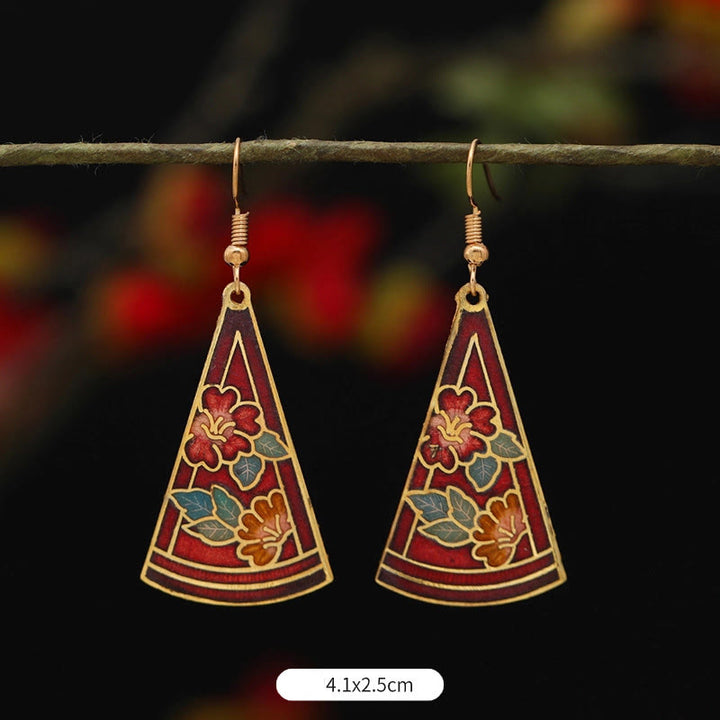 Buddha Stones Lotus Butterfly Flower Alloy Copper Enlightenment Drop Earrings - Triangular Red Flower 4.1*2.5cm - image 11