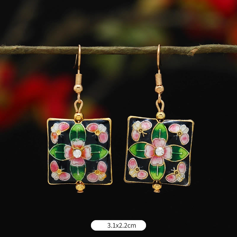 Buddha Stones Lotus Butterfly Flower Alloy Copper Enlightenment Drop Earrings - Square Green Flower 3.1*2.2cm - image 26