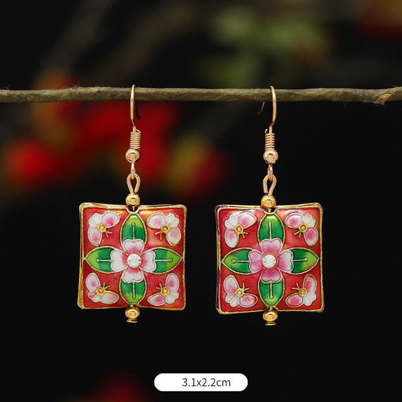 Buddha Stones Lotus Butterfly Flower Alloy Copper Enlightenment Drop Earrings - Square Red Green Flower 3.1*2.2cm - image 24