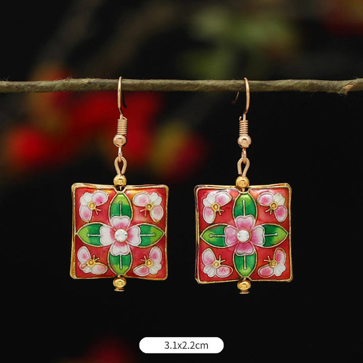 Buddha Stones Lotus Butterfly Flower Alloy Copper Enlightenment Drop Earrings - Square Red Green Flower 3.1*2.2cm - image 24