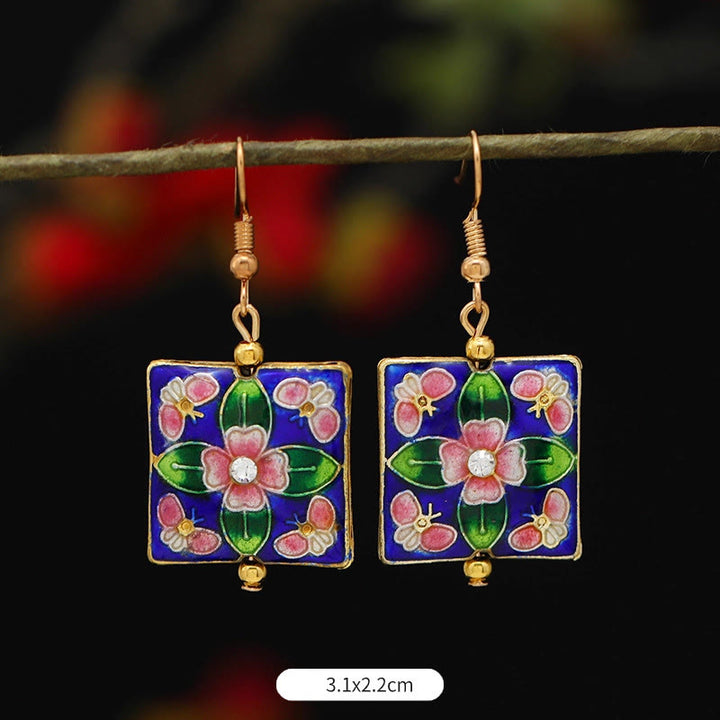 Buddha Stones Lotus Butterfly Flower Alloy Copper Enlightenment Drop Earrings - Square Dark Blue Flower 3.1*2.2cm - image 25