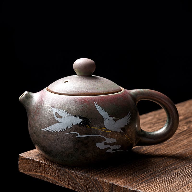 Buddha Stones White Crane Cloud Chinese Gongfu Tea Ceramic Kung Fu Teapot - Round Teapot Pattern 13.5cm*7.5cm*240ml - image 0