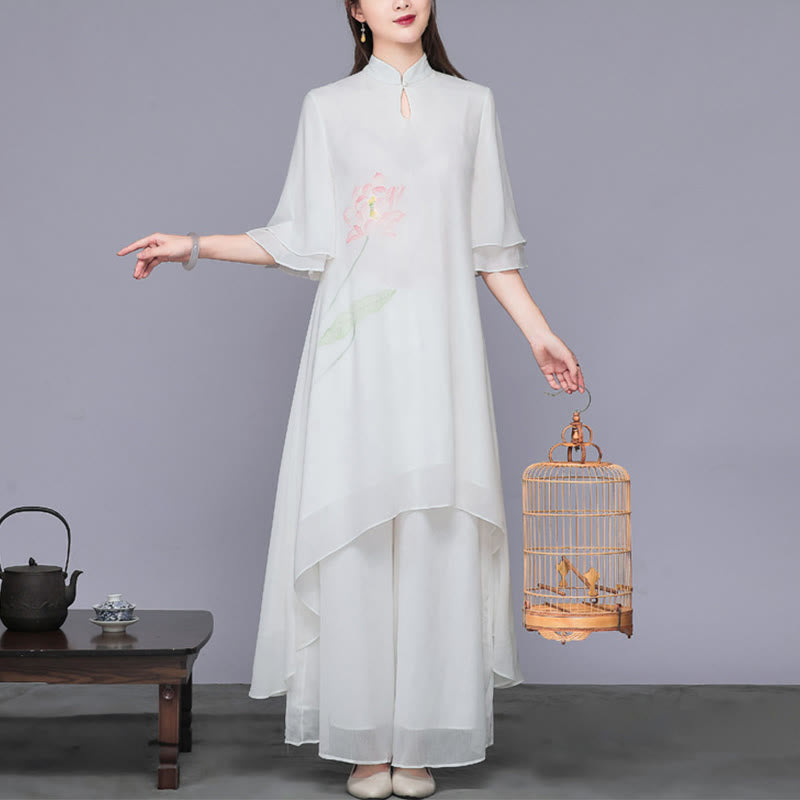 Buddha Stones 2Pcs Lotus Flower Cheongsam Midi Dress Wide Leg Pants Chiffon Zen Women's Set - image 1