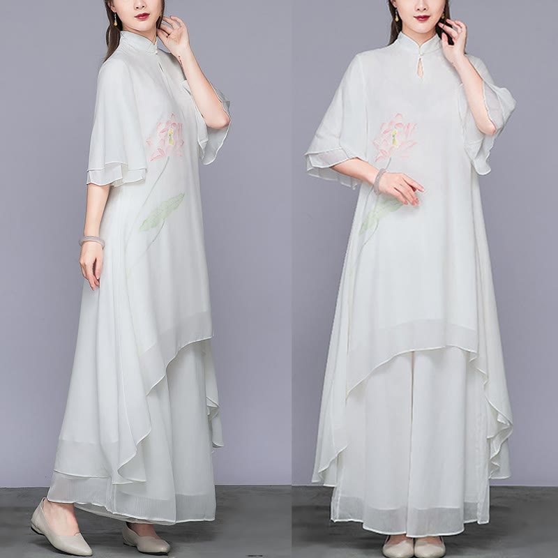 Buddha Stones 2Pcs Lotus Flower Cheongsam Midi Dress Wide Leg Pants Chiffon Zen Women's Set - image 4