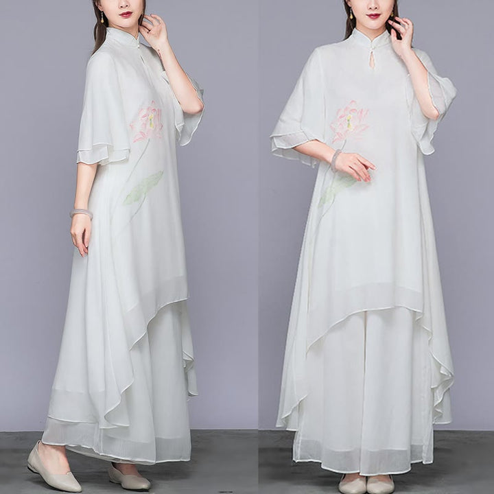 Buddha Stones 2Pcs Lotus Flower Cheongsam Midi Dress Wide Leg Pants Chiffon Zen Women's Set - image 4