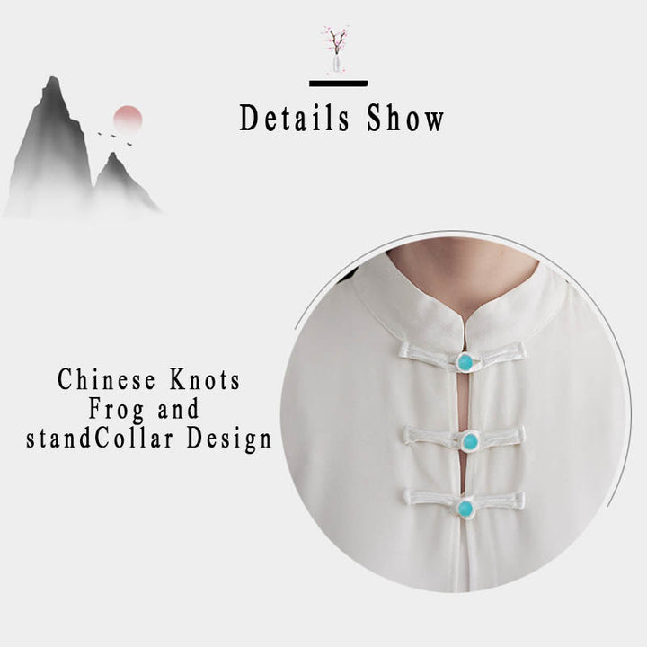 Buddha Stones 2Pcs Frog-Button Long Sleeve Midi Dress Wide Leg Pants Chiffon Zen Women's Set - image 7