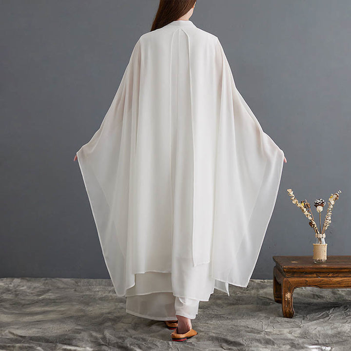 Buddha Stones 2Pcs Frog-Button Long Sleeve Midi Dress Wide Leg Pants Chiffon Zen Women's Set - image 2