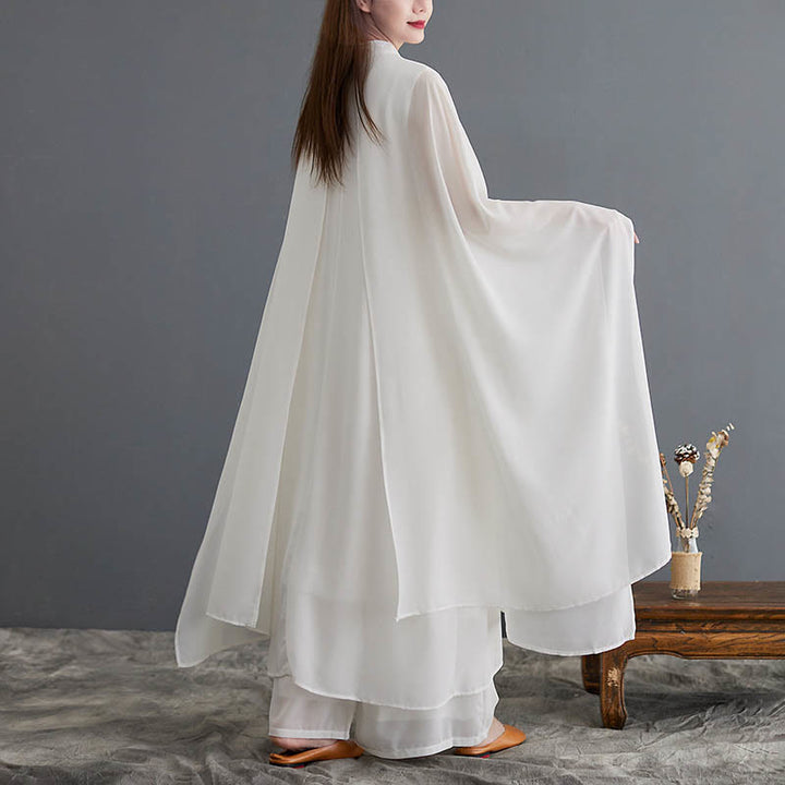 Buddha Stones 2Pcs Frog-Button Long Sleeve Midi Dress Wide Leg Pants Chiffon Zen Women's Set - image 4