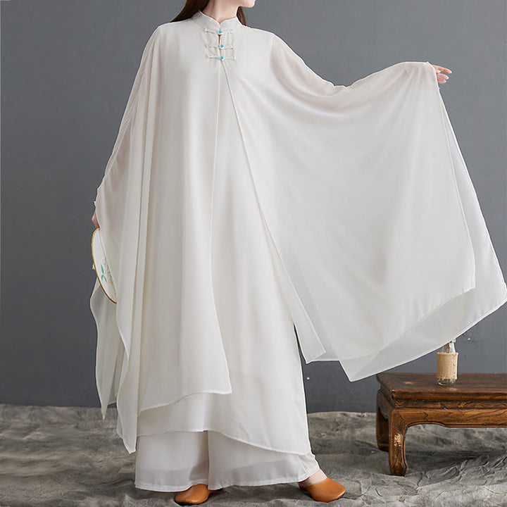 Buddha Stones 2Pcs Frog-Button Long Sleeve Midi Dress Wide Leg Pants Chiffon Zen Women's Set - image 6