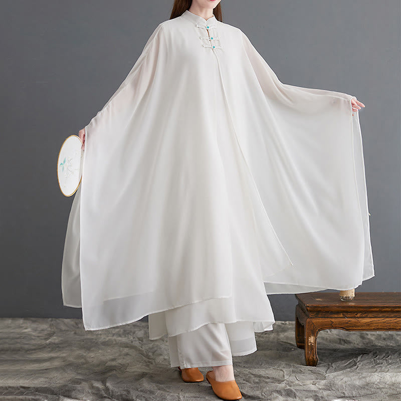 Buddha Stones 2Pcs Frog-Button Long Sleeve Midi Dress Wide Leg Pants Chiffon Zen Women's Set - image 5