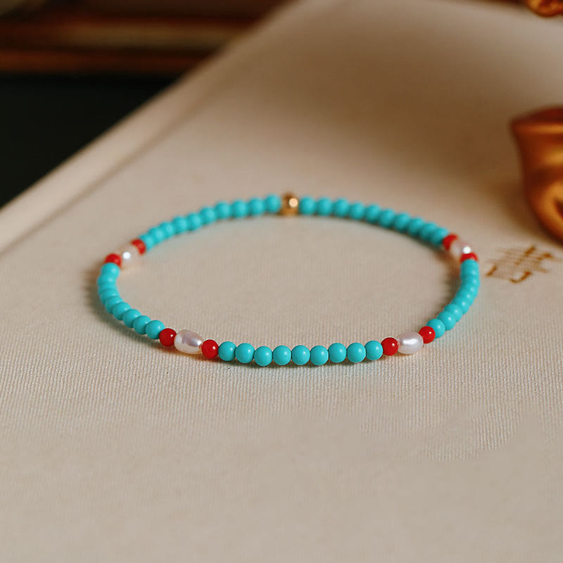 Buddha Stones Turquoise Red Agate Pearl Small Beaded Protection Bracelet - Red Agate&Turquoise(Wrist Circumference 14-16cm) - image 0