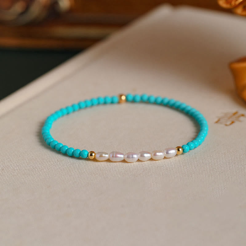 Buddha Stones Turquoise Red Agate Pearl Small Beaded Protection Bracelet - Pearl Beads&Turquoise(Wrist Circumference 14-16cm) - image 5