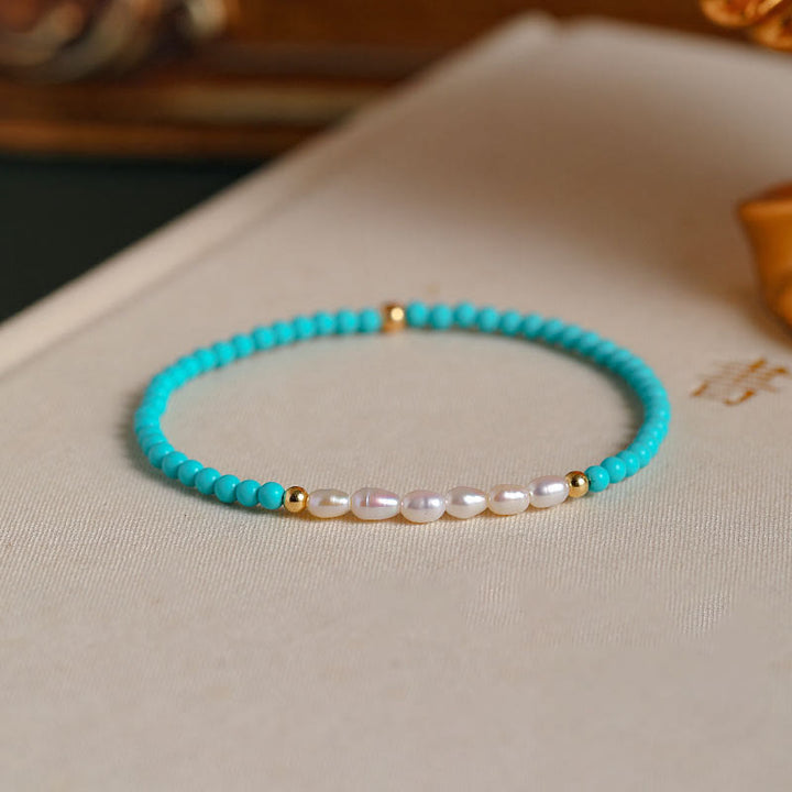 Buddha Stones Turquoise Red Agate Pearl Small Beaded Protection Bracelet - Pearl Beads&Turquoise(Wrist Circumference 14-16cm) - image 5