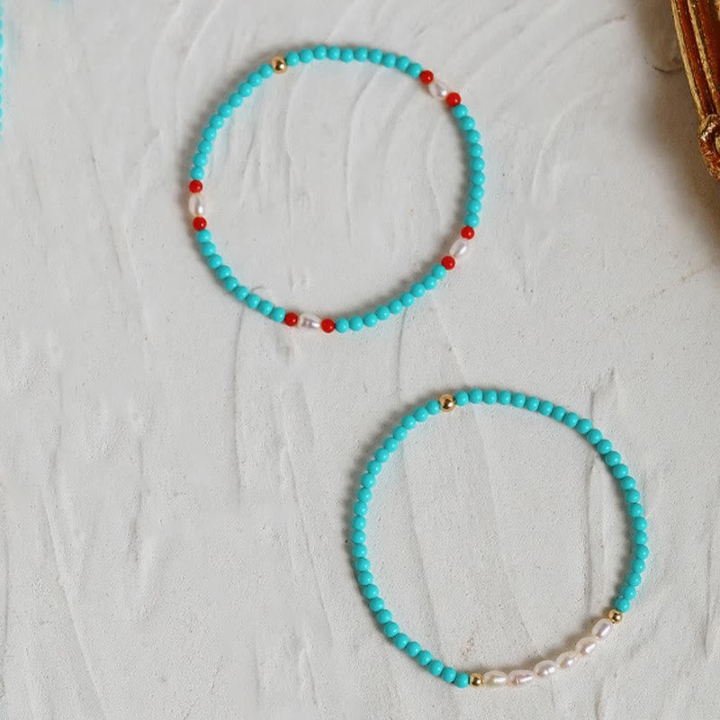 Buddha Stones Turquoise Red Agate Pearl Small Beaded Protection Bracelet - image 17