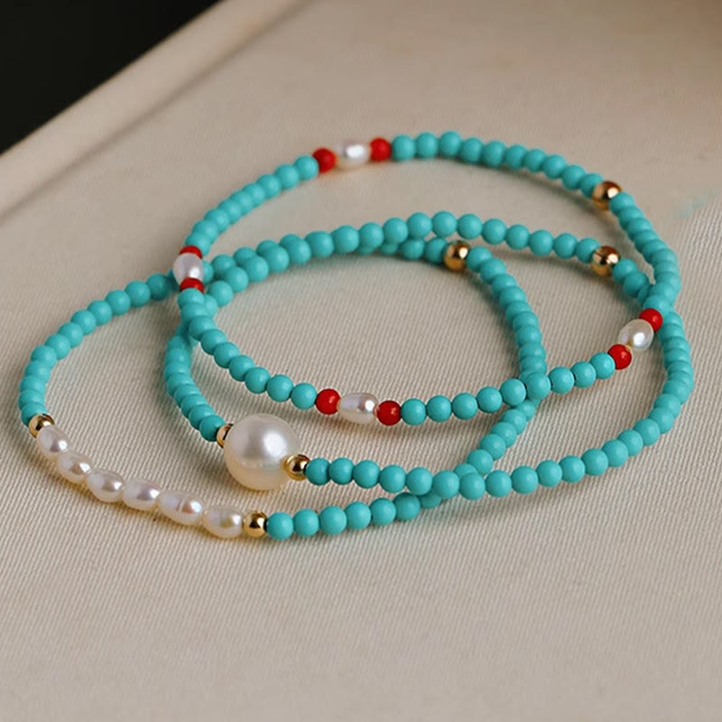 Buddha Stones Turquoise Red Agate Pearl Small Beaded Protection Bracelet - image 1