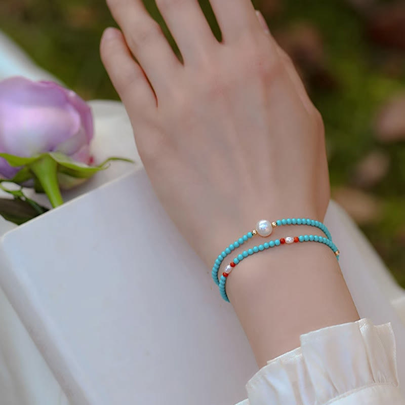 Buddha Stones Turquoise Red Agate Pearl Small Beaded Protection Bracelet - image 14