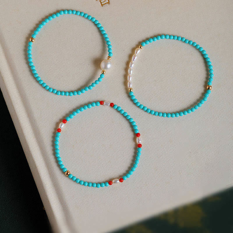 Buddha Stones Turquoise Red Agate Pearl Small Beaded Protection Bracelet - image 18