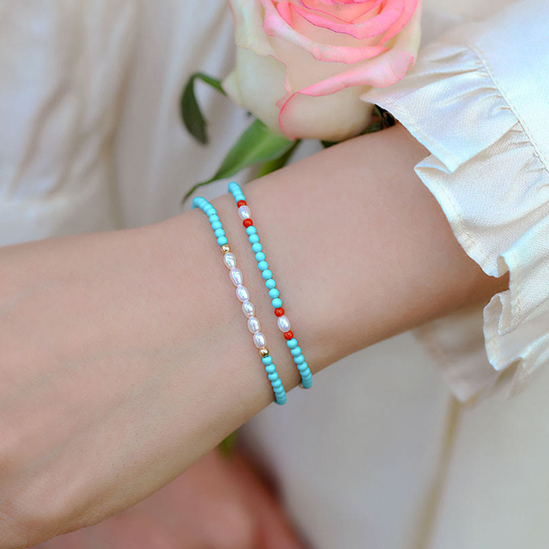 Buddha Stones Turquoise Red Agate Pearl Small Beaded Protection Bracelet - image 12