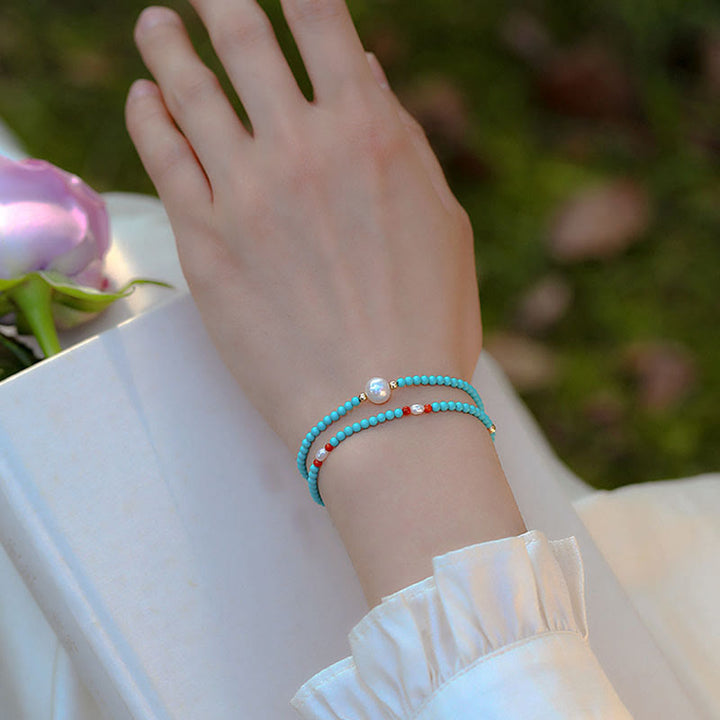 Buddha Stones Turquoise Red Agate Pearl Small Beaded Protection Bracelet - image 10