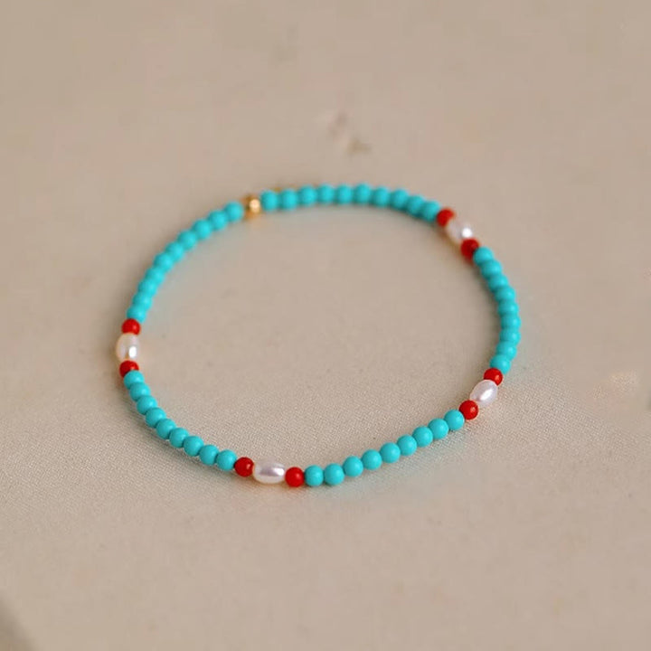 Buddha Stones Turquoise Red Agate Pearl Small Beaded Protection Bracelet - image 2