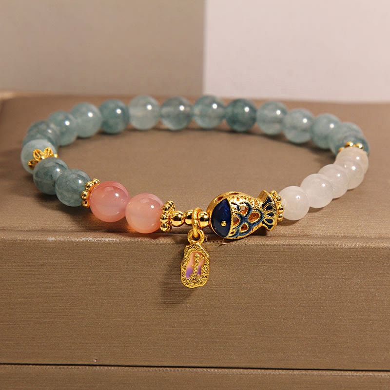 Buddha Stones Jade Yanyuan Agate White Jade Koi Fish Scripture Charm Luck Bracelet - Jade&Koi Fish(Wrist Circumference 14-16cm) - image 0
