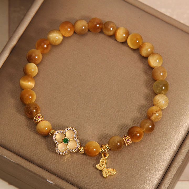 Buddha Stones Tiger Eye Four Leaf Clover Butterfly Protection Bracelet - image 2