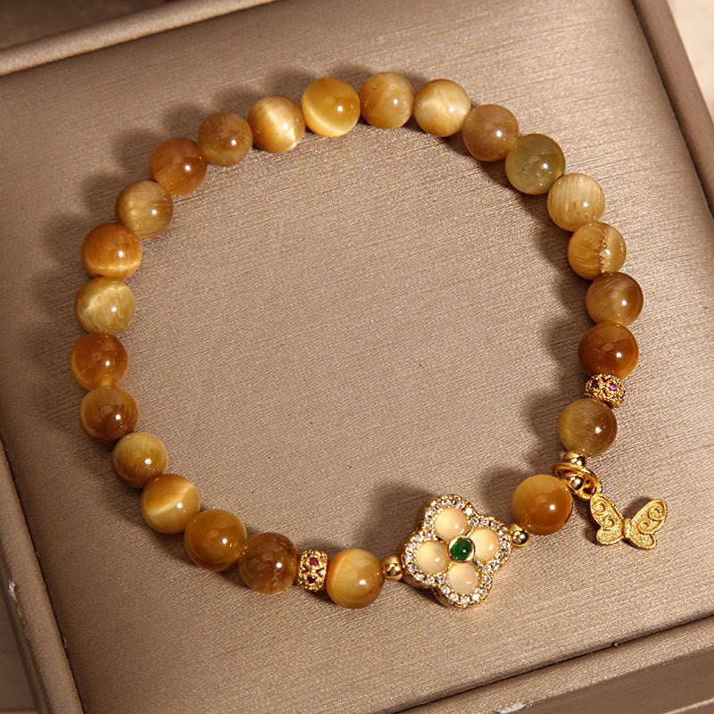 Buddha Stones Tiger Eye Four Leaf Clover Butterfly Protection Bracelet - image 1