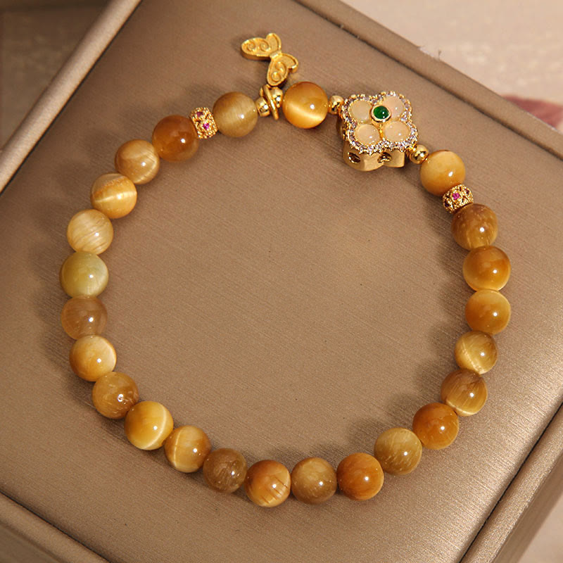 Buddha Stones Tiger Eye Four Leaf Clover Butterfly Protection Bracelet - image 3