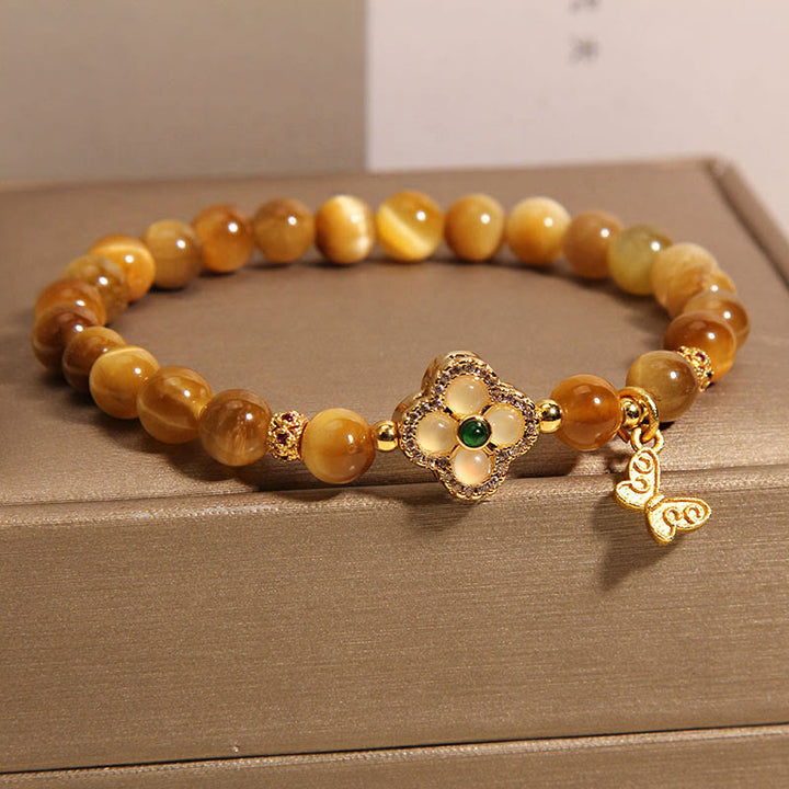 Buddha Stones Tiger Eye Four Leaf Clover Butterfly Protection Bracelet - image 4