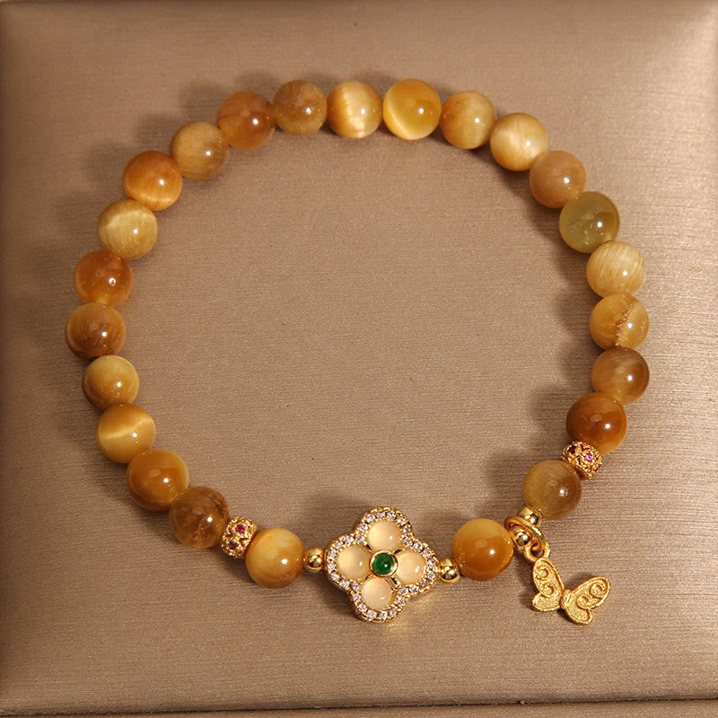 Buddha Stones Tiger Eye Four Leaf Clover Butterfly Protection Bracelet - image 8