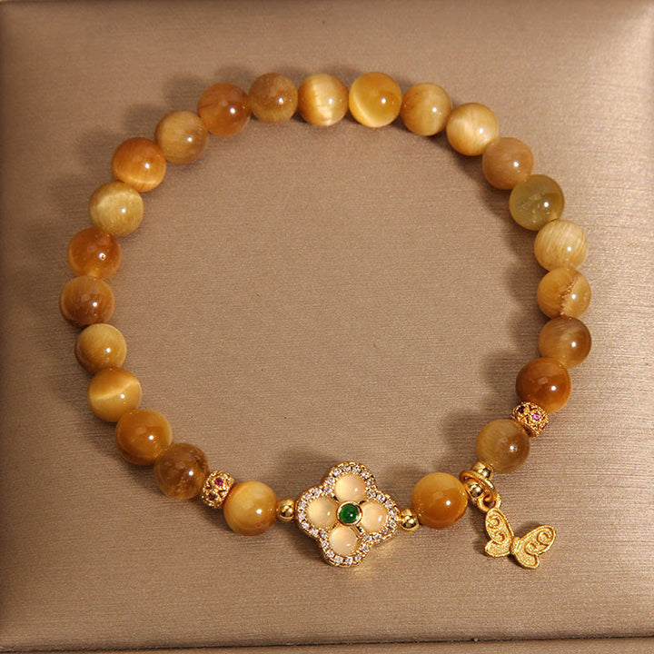 Buddha Stones Tiger Eye Four Leaf Clover Butterfly Protection Bracelet - image 8