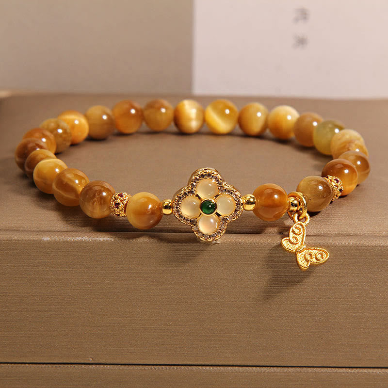 Buddha Stones Tiger Eye Four Leaf Clover Butterfly Protection Bracelet - Tiger Eye(Wrist Circumference 14-16cm) - image 0