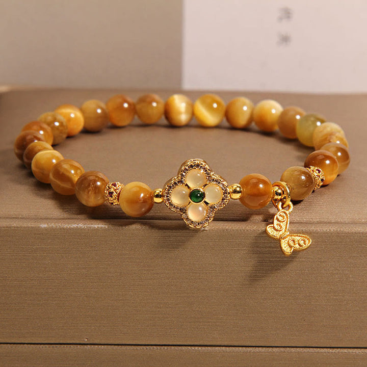Buddha Stones Tiger Eye Four Leaf Clover Butterfly Protection Bracelet - Tiger Eye(Wrist Circumference 14-16cm) - image 0