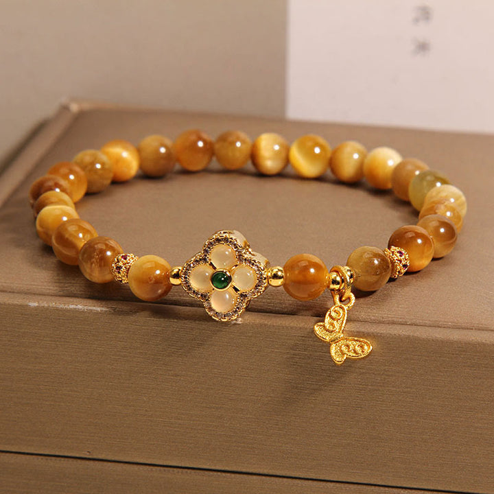 Buddha Stones Tiger Eye Four Leaf Clover Butterfly Protection Bracelet - image 7