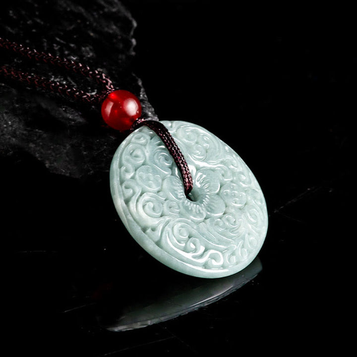 Buddha Stones Green Jade Flower Carved Peace Buckle Abundance Necklace Pendant - image 3